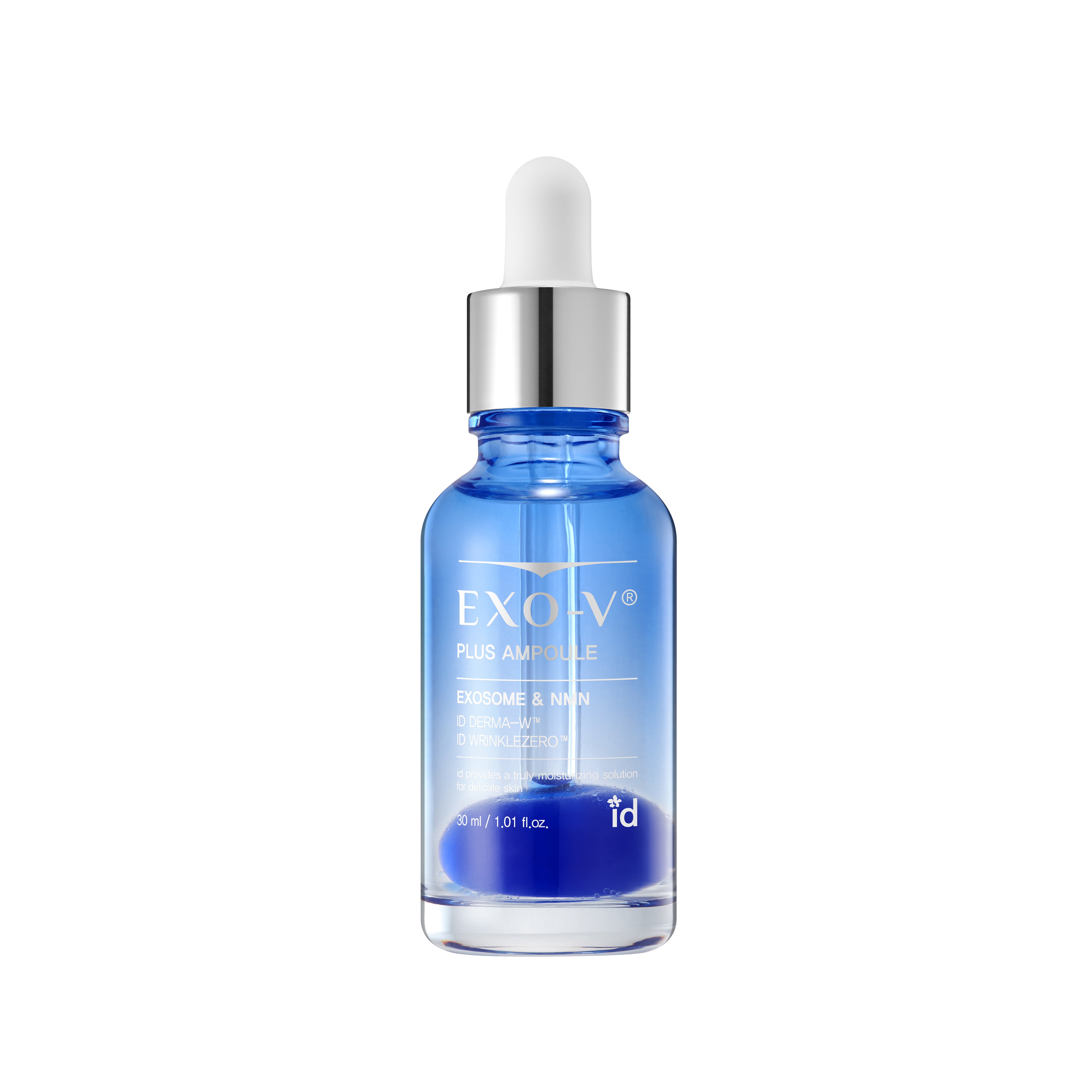 Blue serum bottle with dropper labeled 'EXO-V' on a white background