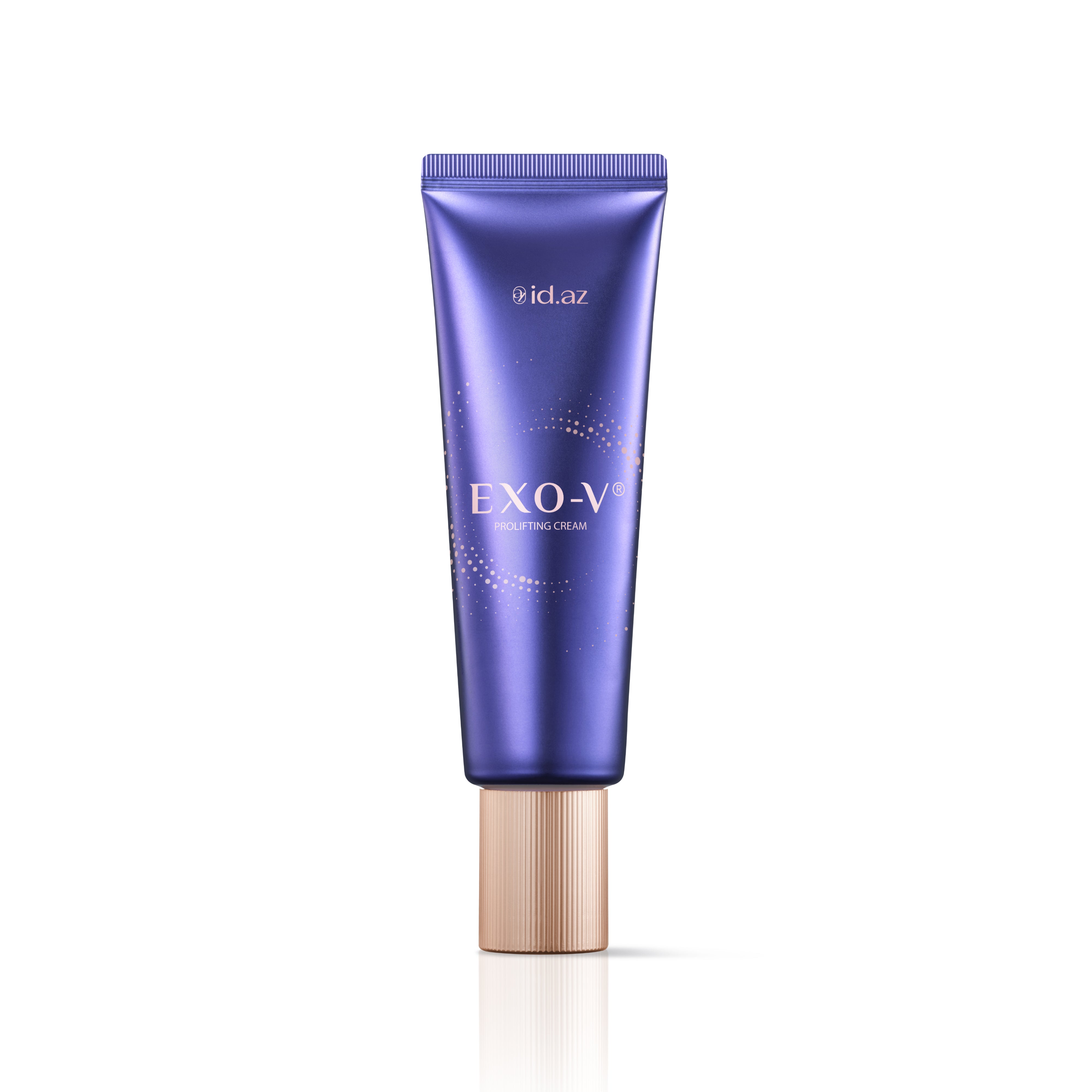 Purple EXO-V cream tube with gold cap on a white background