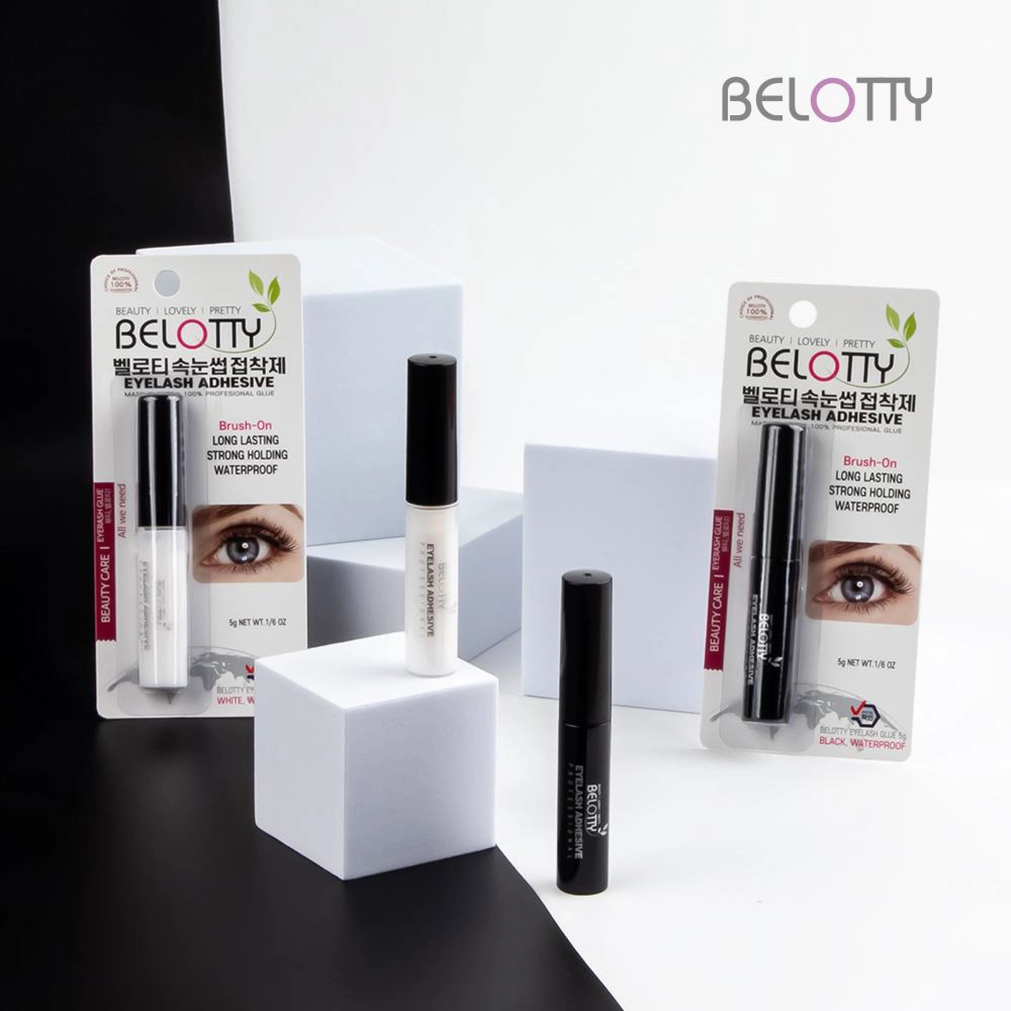 BELOTTY eyelash adhesive with packaging on a black and white background