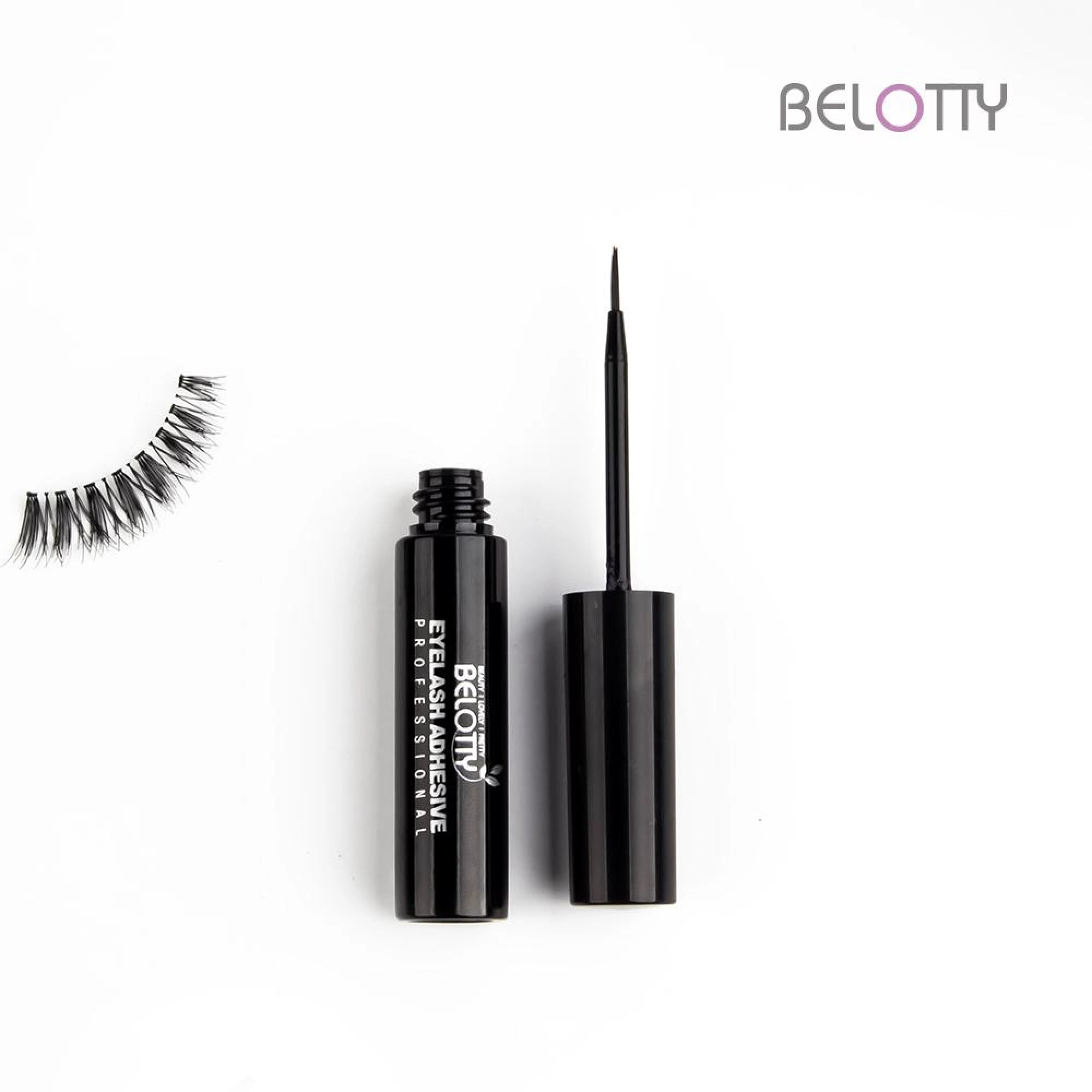Belotty eyelash adhesive with applicator and false eyelashes on a white background