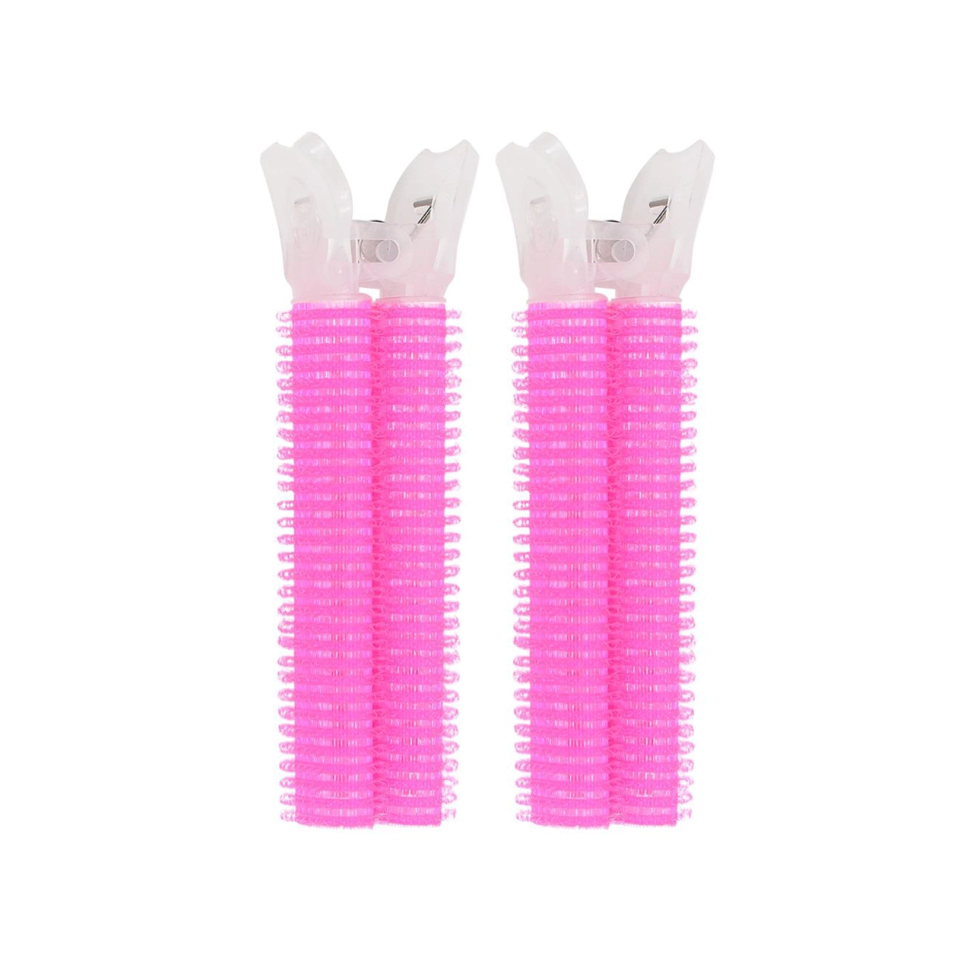 Two pink Clip Hair Roller with white bristle heads on a white background