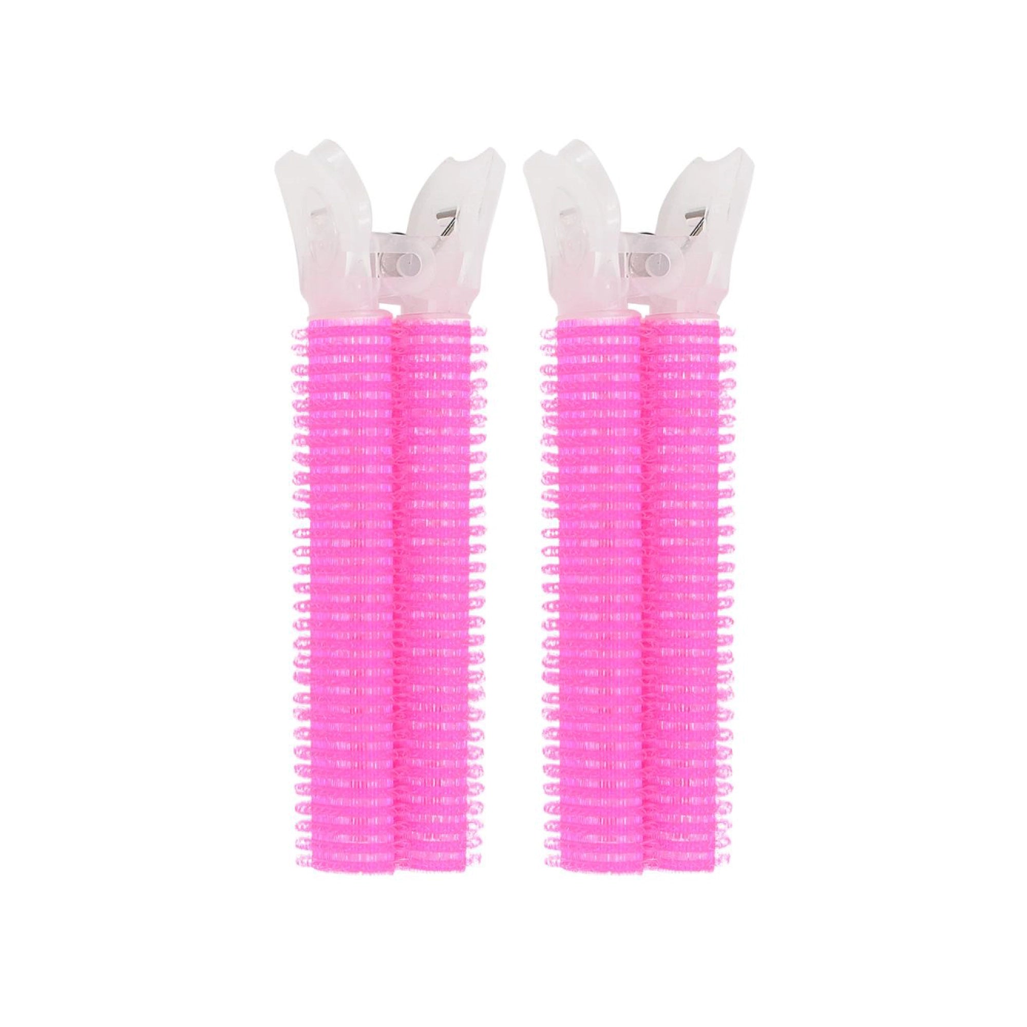 Two pink Clip Hair Roller with white bristle heads on a white background