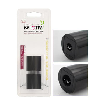 Black cylindrical Pencil Sharpener with packaging and close-up details on a white background