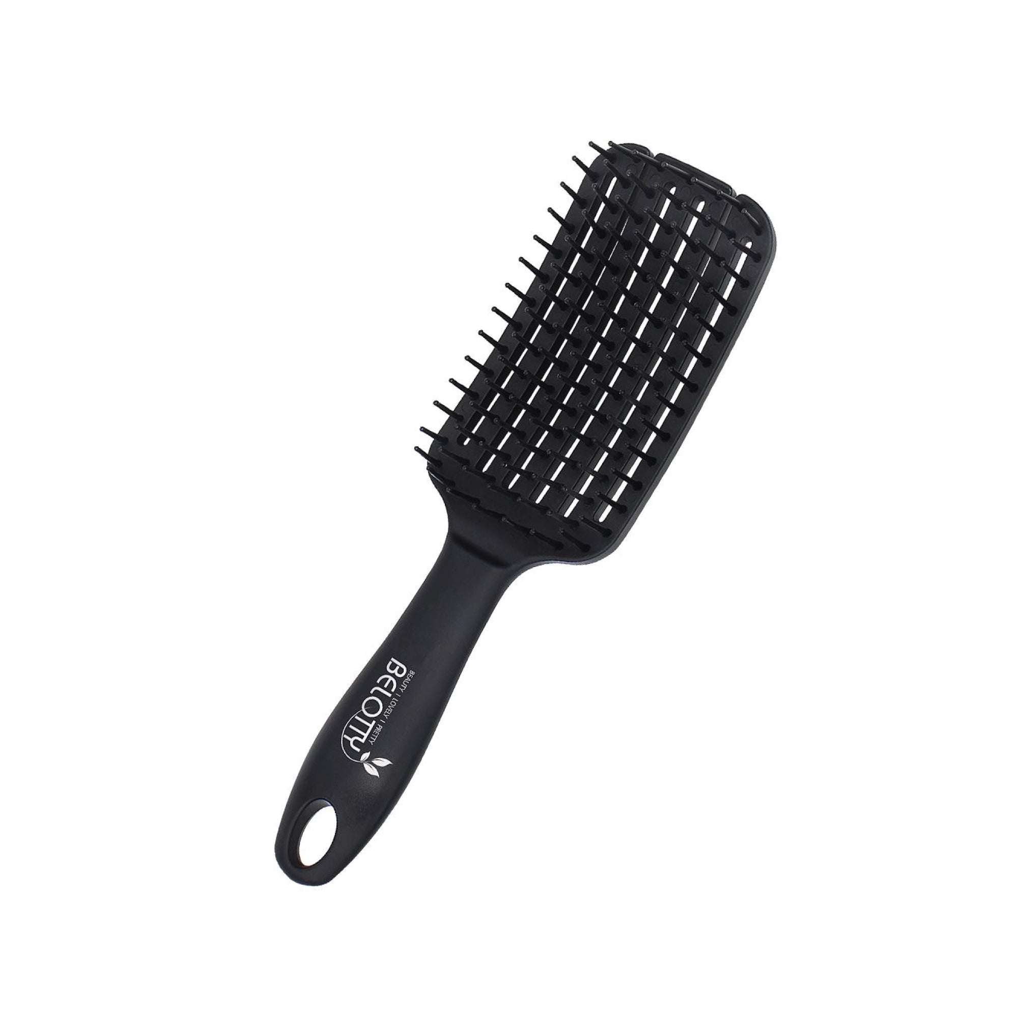 Black paddle hairbrush on a white background
