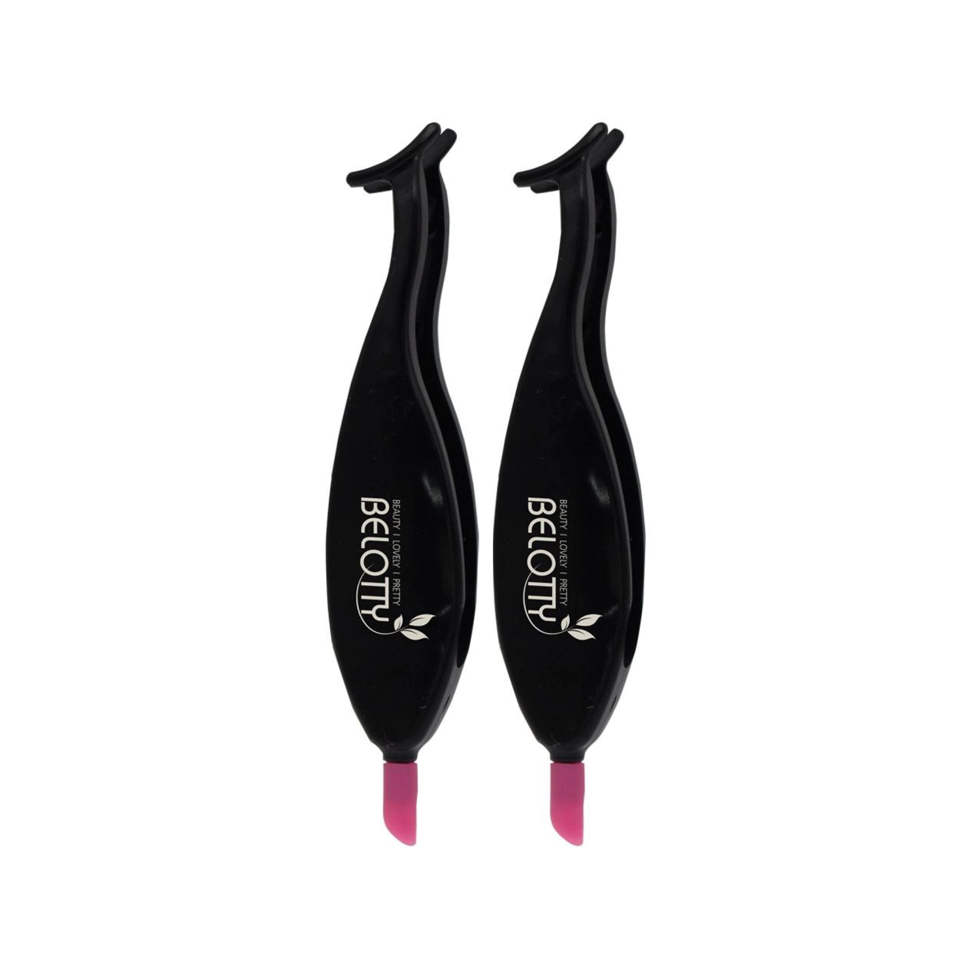 Two black eyelash extensions tools with pink tips on a white background, branded 'BELOTTY'.