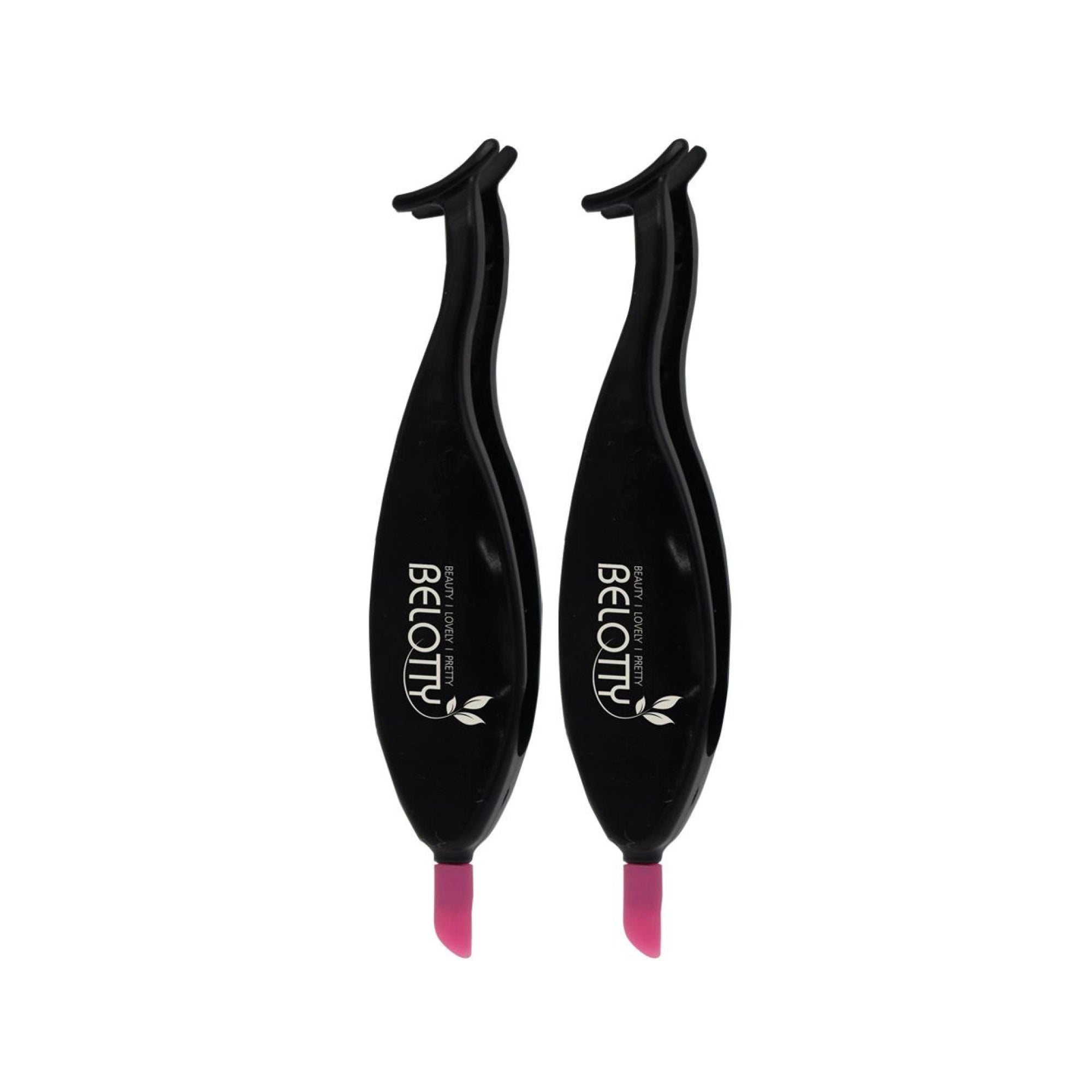 Two black eyelash extensions tools with pink tips on a white background, branded 'BELOTTY'.