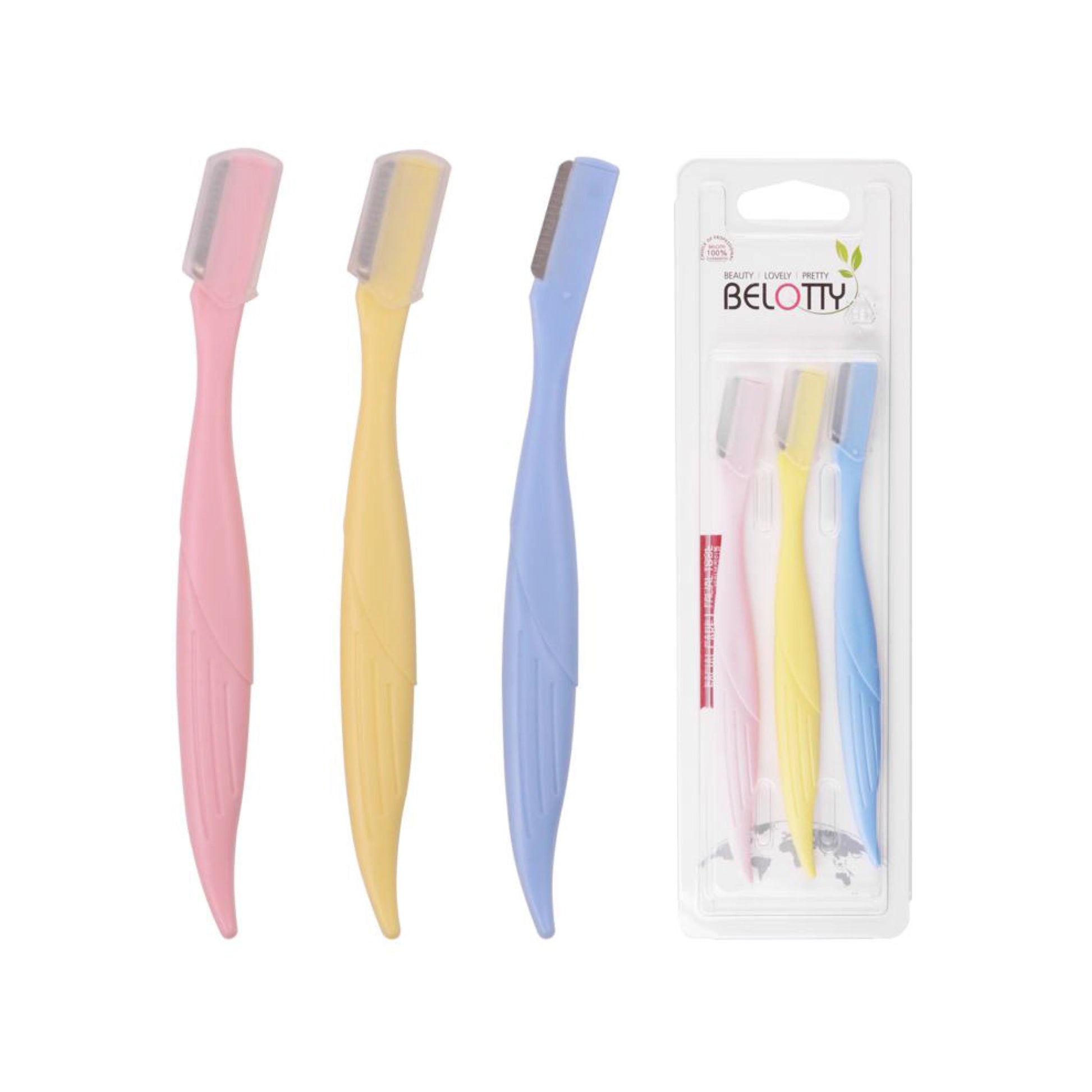 Three pastel-colored Eyebrow Razors with packaging displaying the brand 'BELOTTY'.