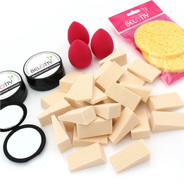 Collection of makeup sponges, spongettes, and cleaning tools with BELOTY branding on a white background.