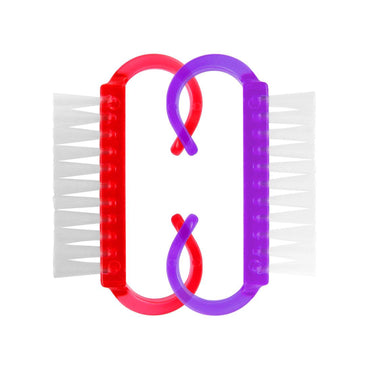 Two nail brushes with red and purple handles on a white background