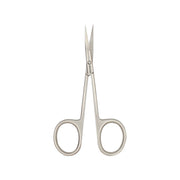 Pair of silver scissors on a white background