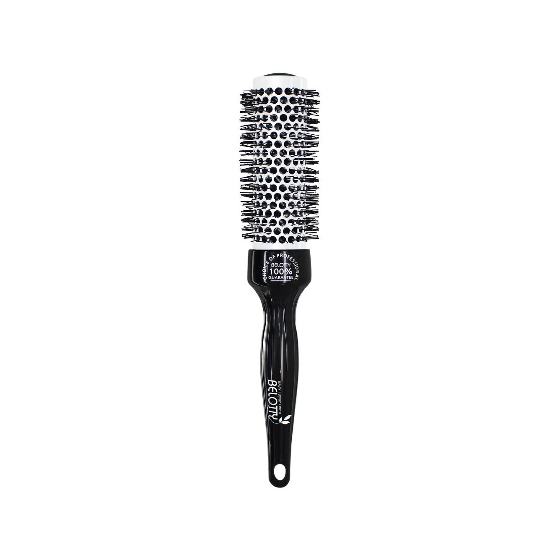 Black hairbrush with bristle head on a white background