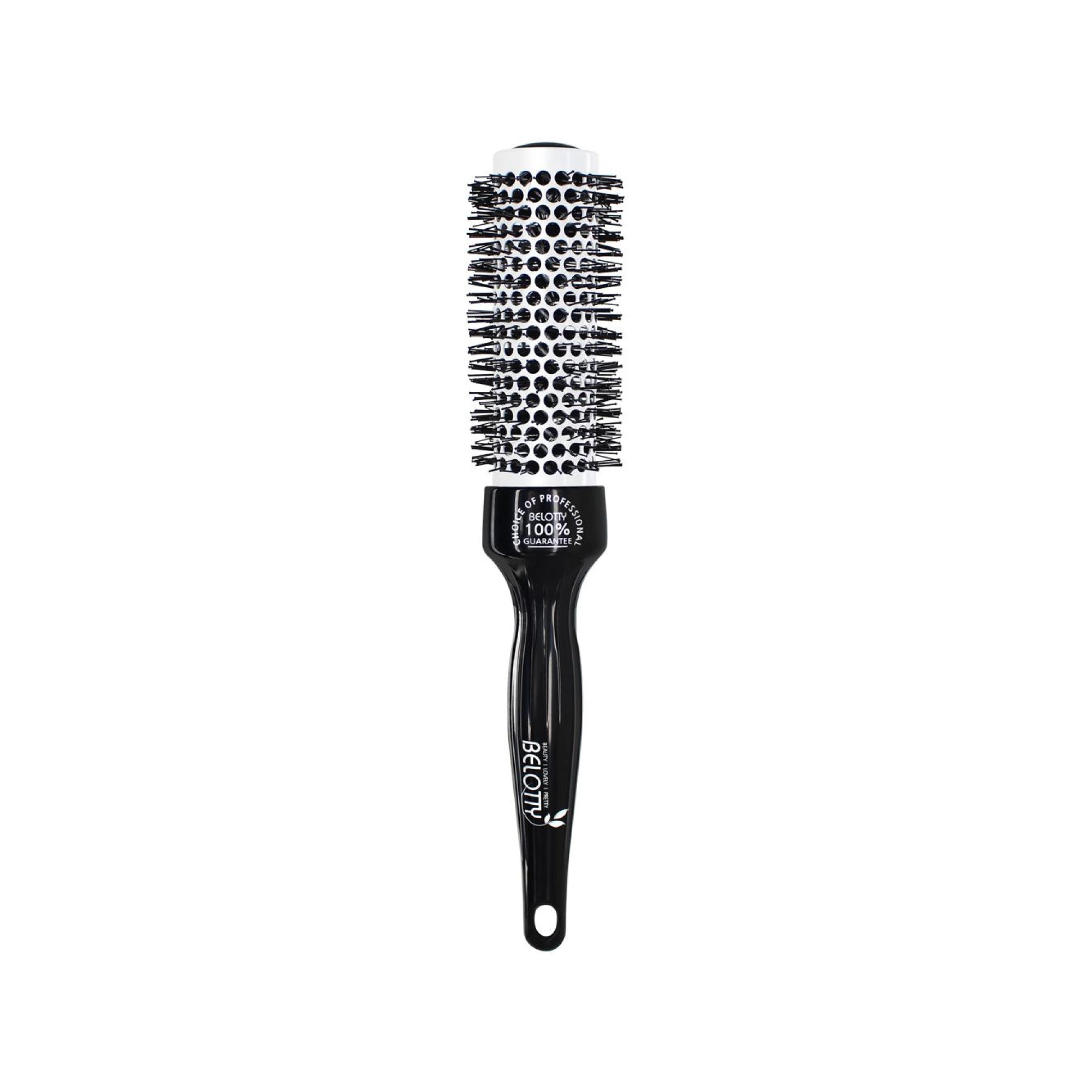 Black hairbrush with bristle head on a white background