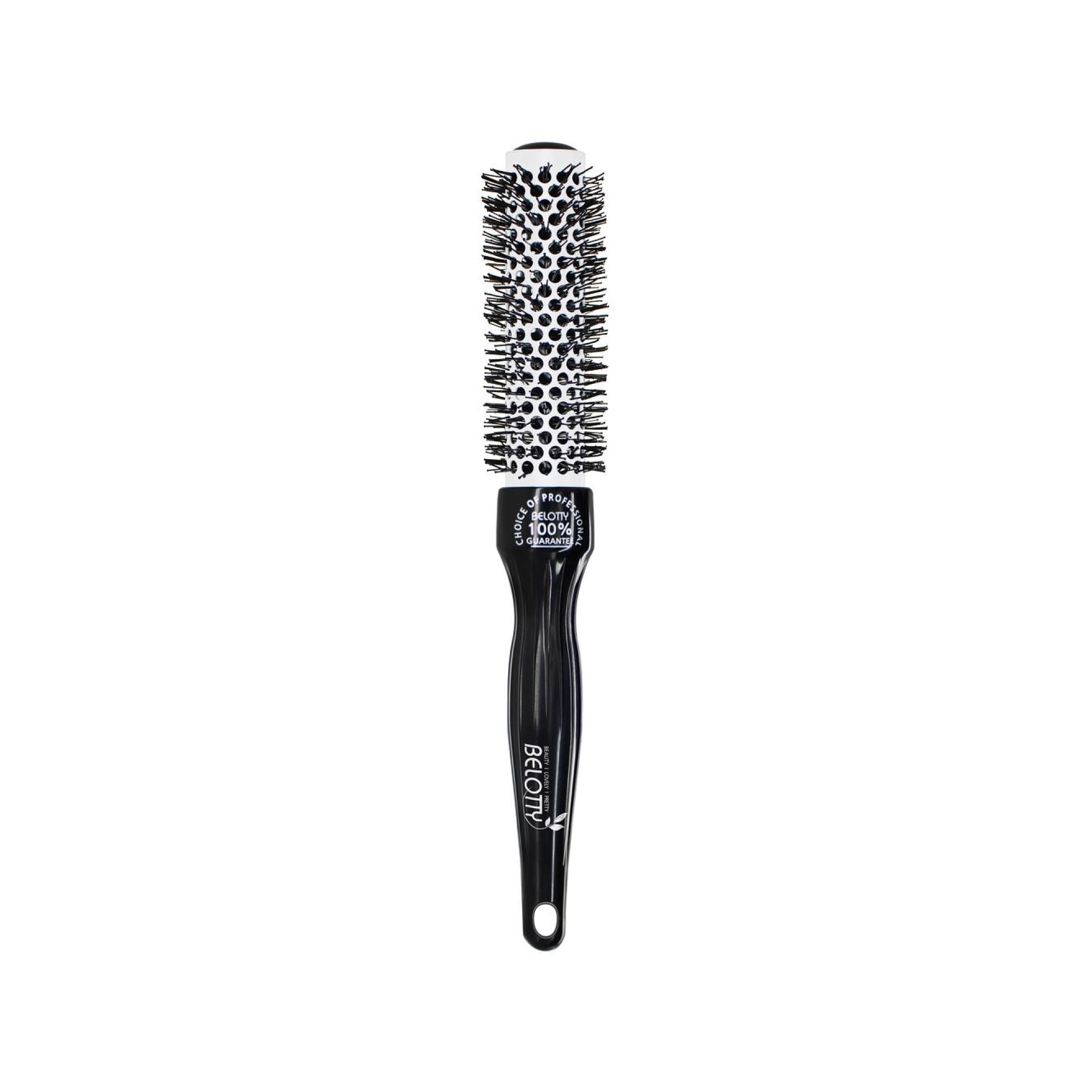 Black hairbrush with round bristle head on a white background