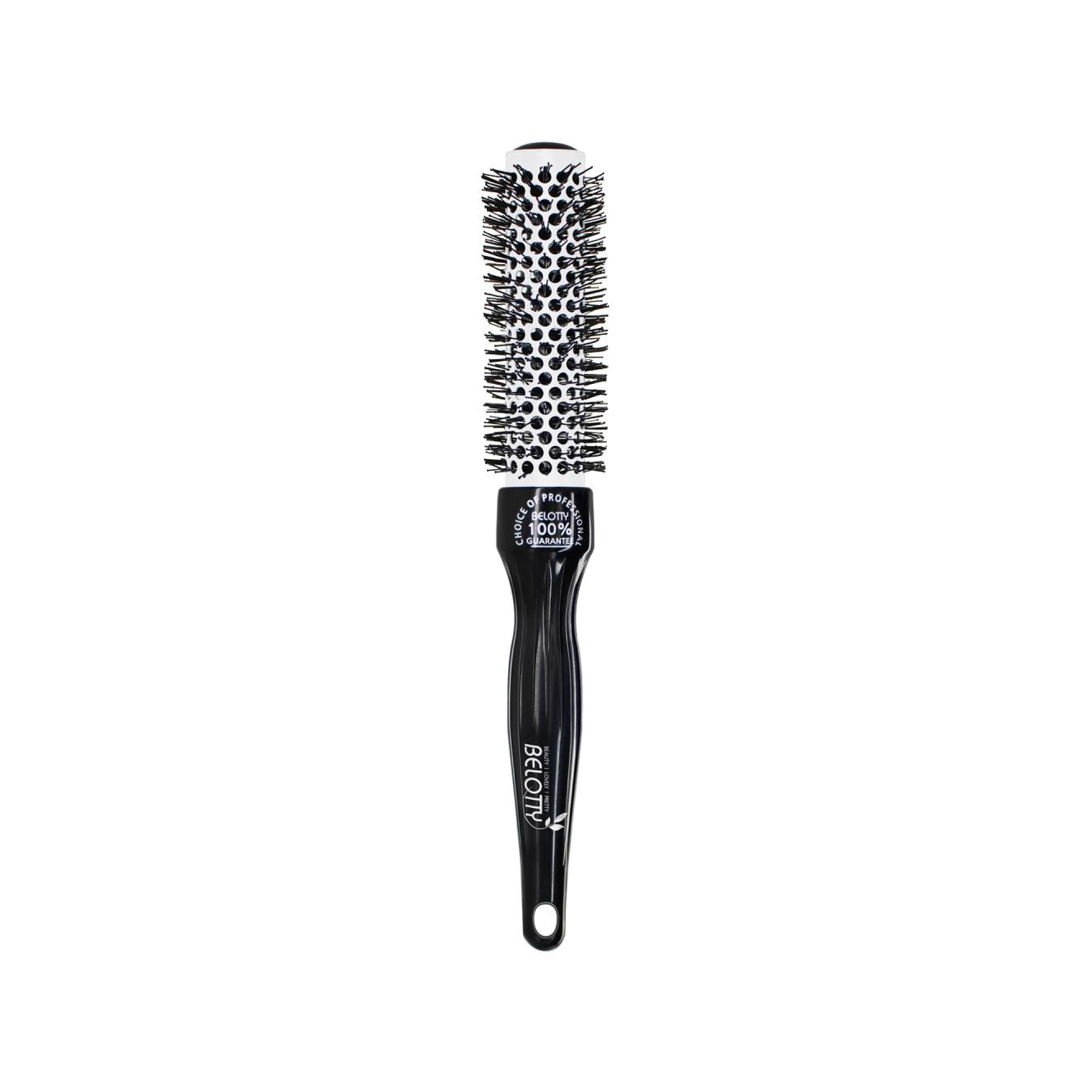 Black hairbrush with round bristle head on a white background