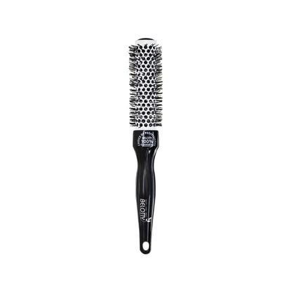 Black hairbrush with round bristle head on a white background