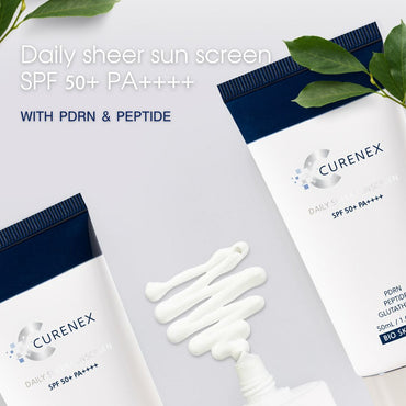 Curenex daily sheer sunscreen with PDRN & Peptide on a white background