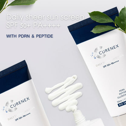 Curenex daily sheer sunscreen with PDRN & Peptide on a white background