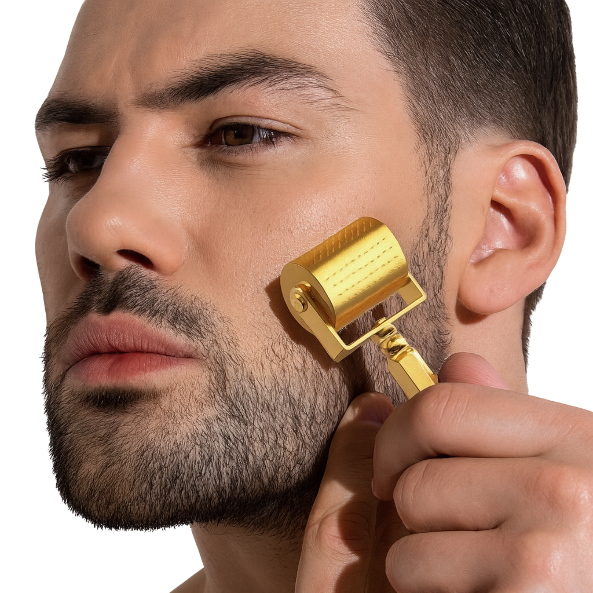 Gold derma roller DRS 250 being used on smooth skin for microneedling treatment