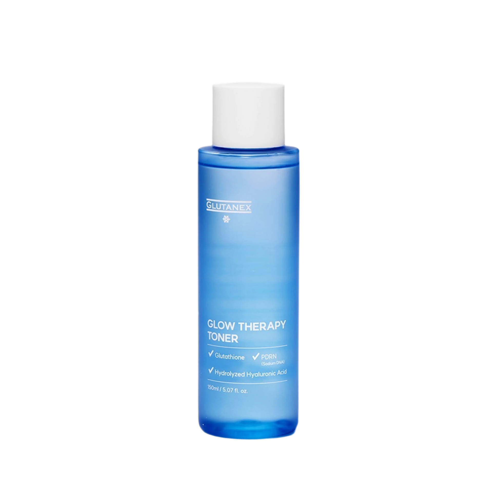 Blue toner bottle with white cap on a light gray background